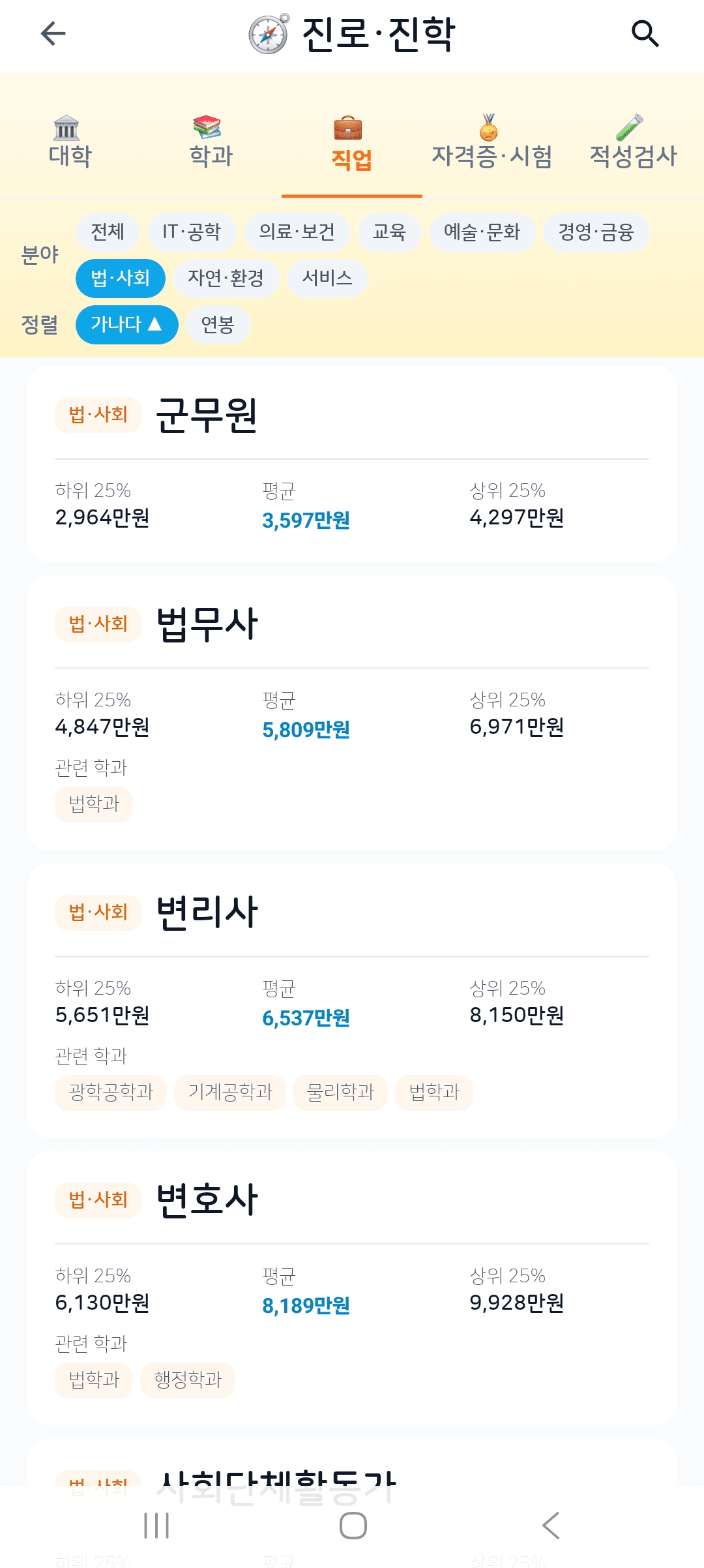 커리어넷 데이터가 표시되는 i-하루 화면